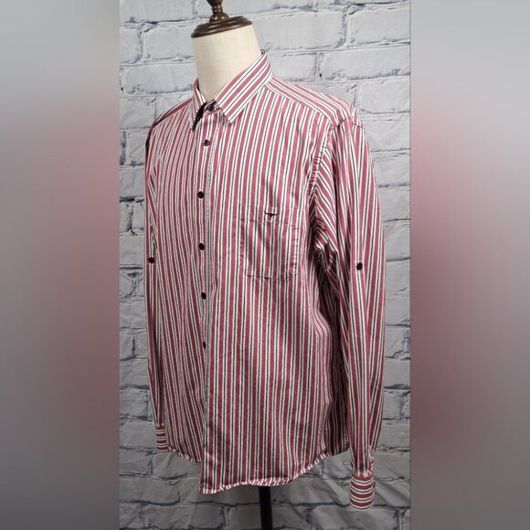 R.M. Williams Men's Button Down Striped Classic Fit Roll Tab Sleeves Logo Medium